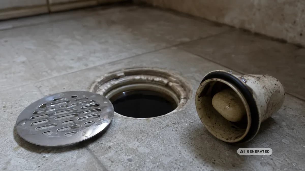 KI-generiertes Bild: Bodenablauf mit abgenommenem Ablaufrost im Keller, daneben der herausgenommene Siphon-Einsatz während der Reinigung