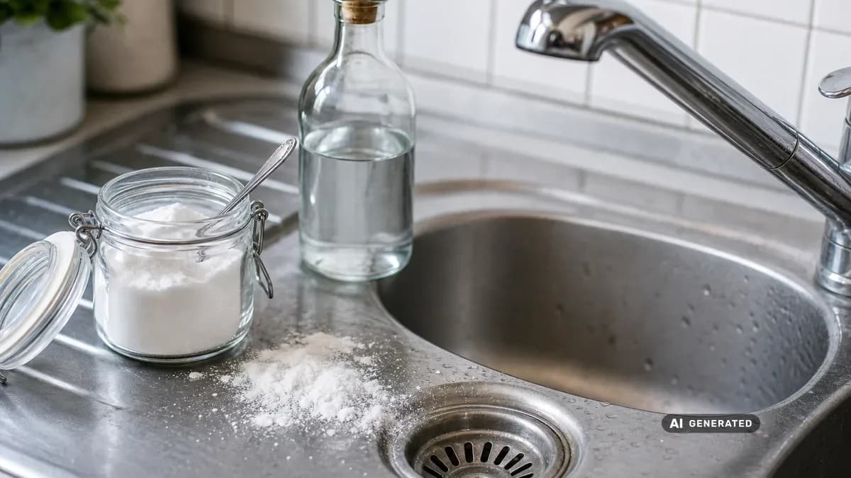 KI-generiertes Bild: Natron und eine Flasche Essig neben einem Küchenabfluss als Hausmittel für die Abflussreinigung