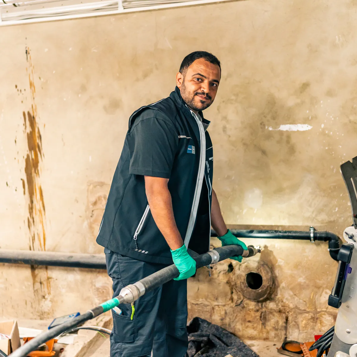 Monteur der Müller GmbH arbeitet mit dem Hochdruckschlauch an der Grundleitung im Keller