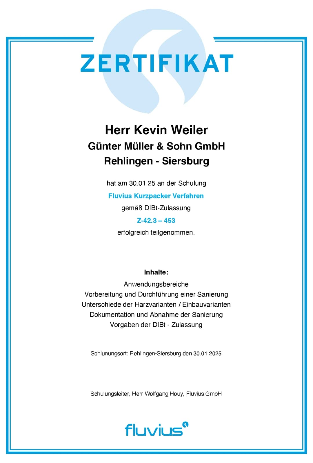 Zertifikat der Müller GmbH für das Fluvius Kurzpacker-Verfahren